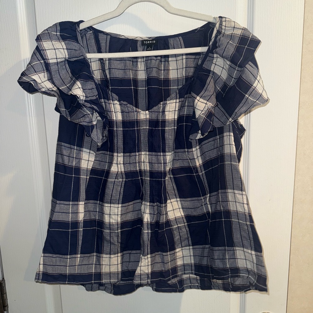 Torrid Blue and White Plaid Blouse